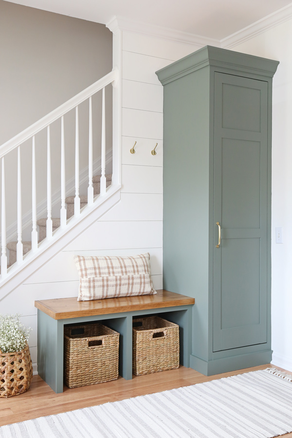 diy built in cabinet and bench in DIY entryway makeover with DIY shiplap wall