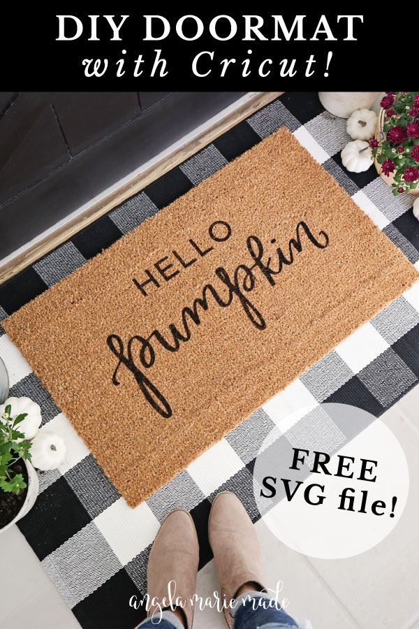 DIY doormat with Cricut and free svg file of fall hello pumpkin doormat