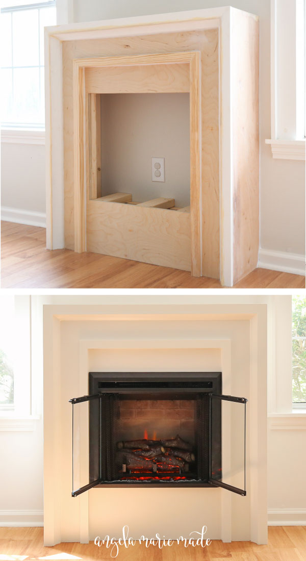 DIY fireplace build before painting and after being painted with electric fireplace insert