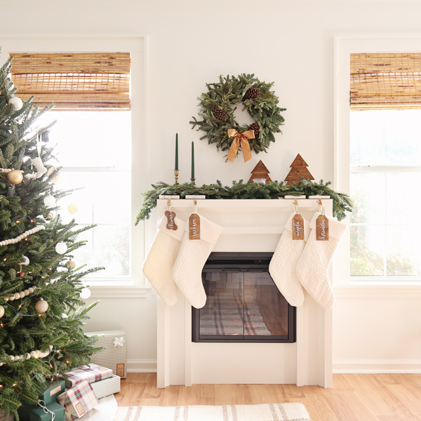 DIY Christmas mantel decor on DIY fireplace with electric insert