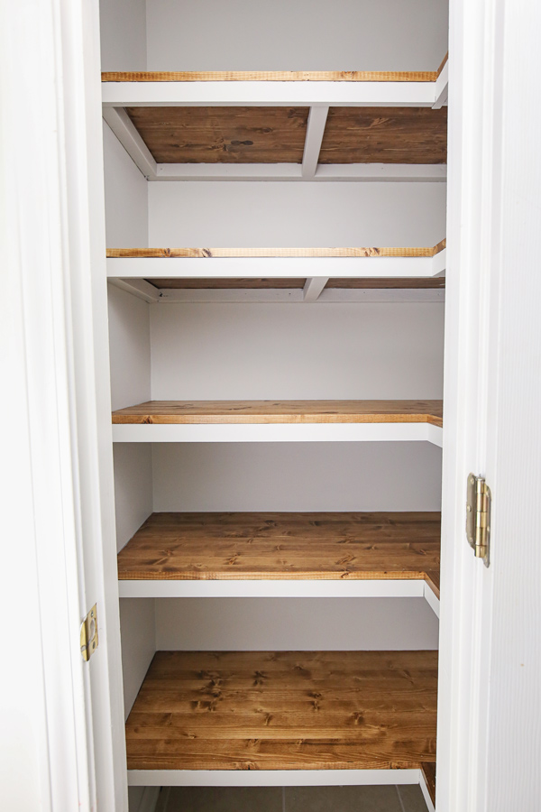 Corner DIY wood pantry shelves