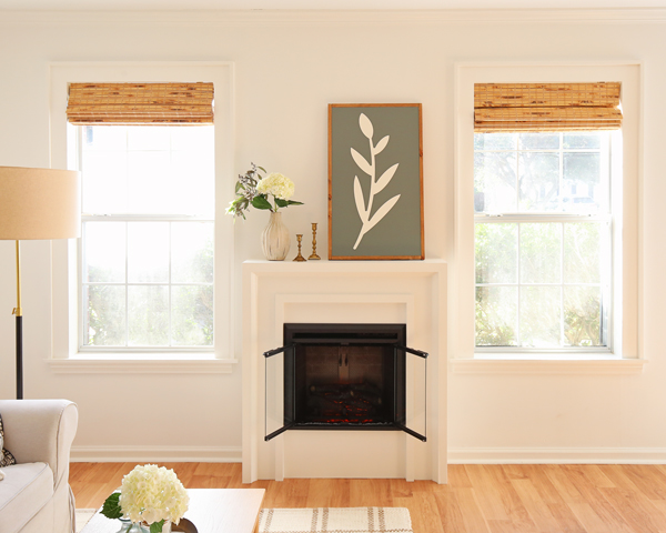 levolor bamboo blinds lowes in living room makeover wtih DIY window trim
