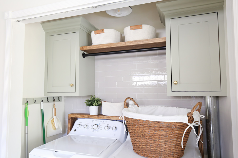 laundry closet makeover with DIy wall cabinets, and pretty organization