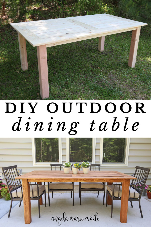 DIY outdoor table unfinished and DIY outdoor dining table with exterior stain on patio