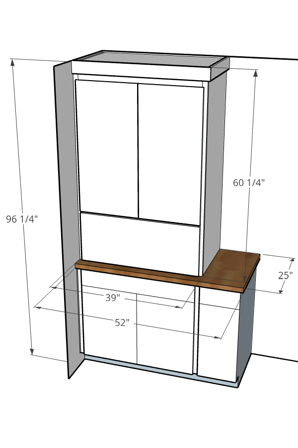 sketchup design with measurements of kitchen DIY built in cabinets