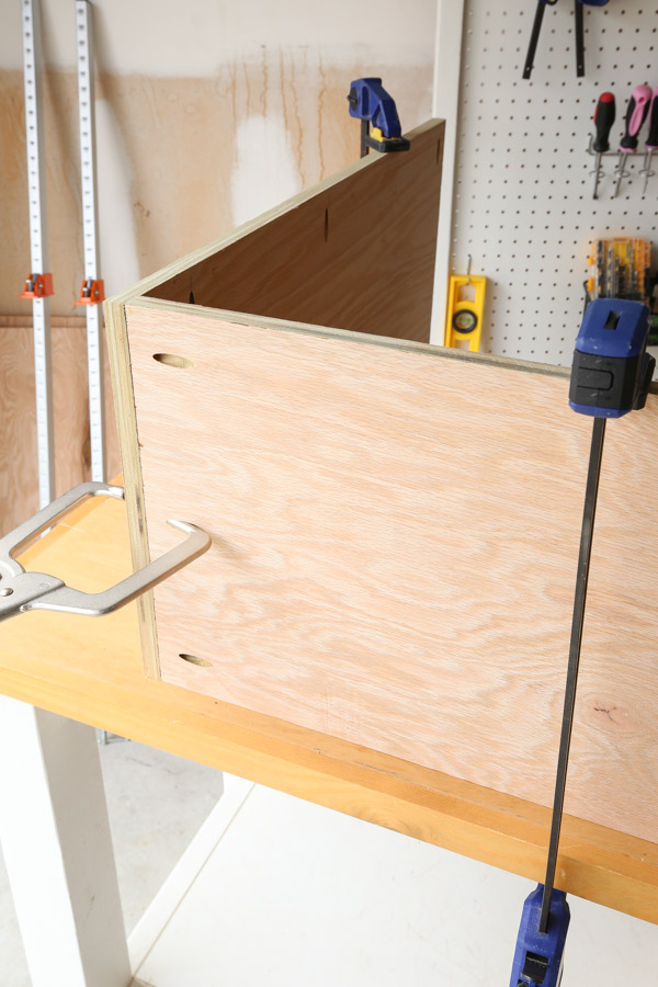 connect top and side boards together with kreg screws and clamps