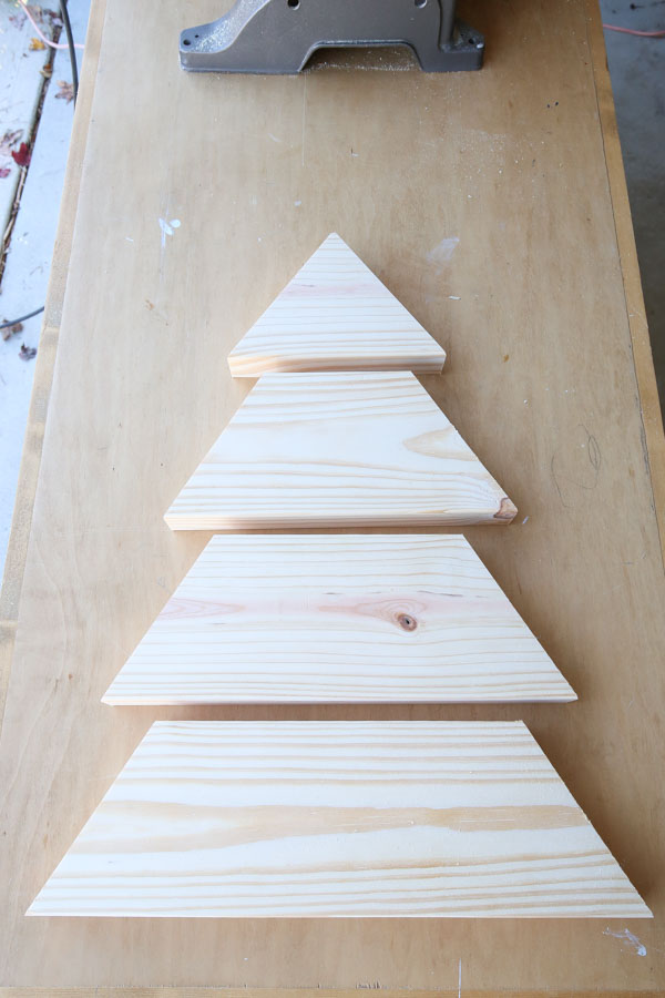 angled boards of DIY wooden Christmas tree cut to size