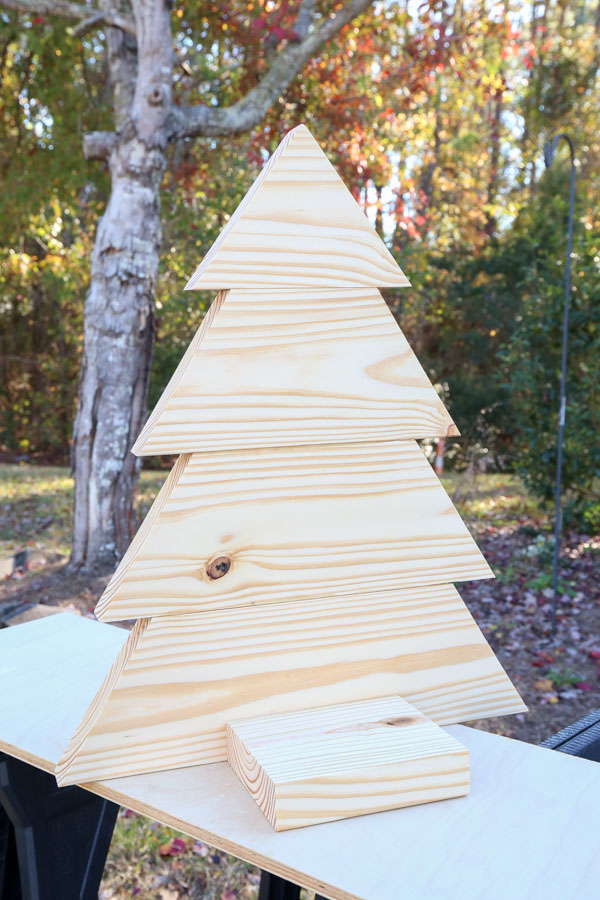 DIY wood Christmas tree built before adding stain finish