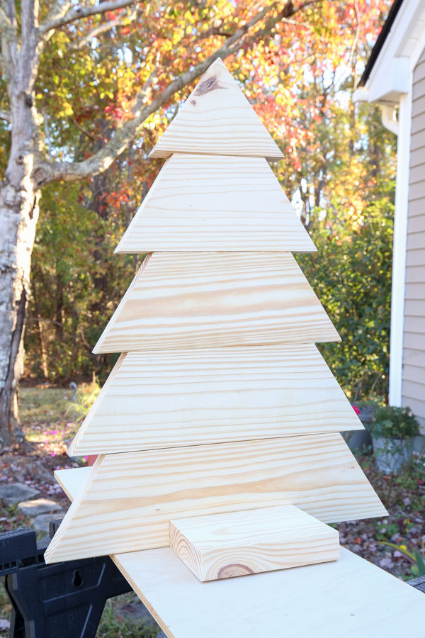 tallest DIY wooden Christmas tree built before adding stain finish