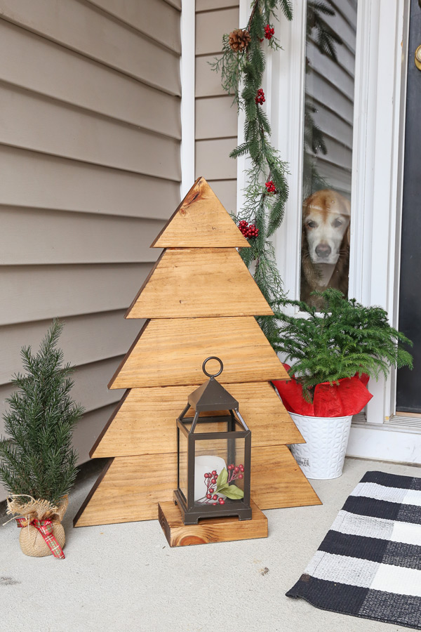 tallest DIY wooden Christmas tree on front porch
