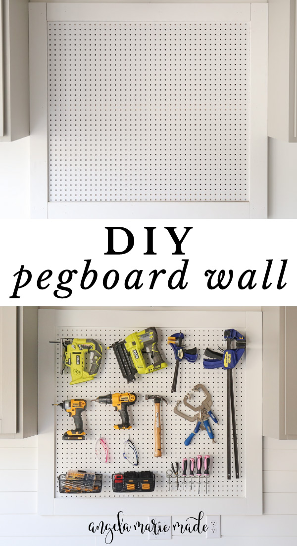 DIY pegboard wall empty and with tools and peg hooks