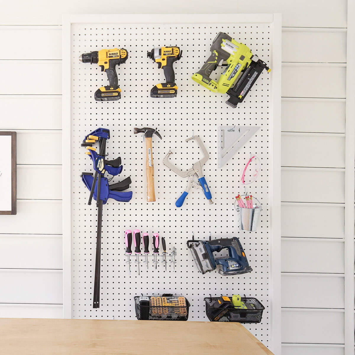 pegboard stand diy with tools and peg hooks