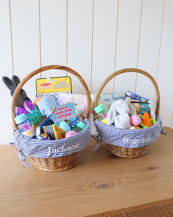 Easter basket ideas with basket fillers in wicker baskets with personalized liners