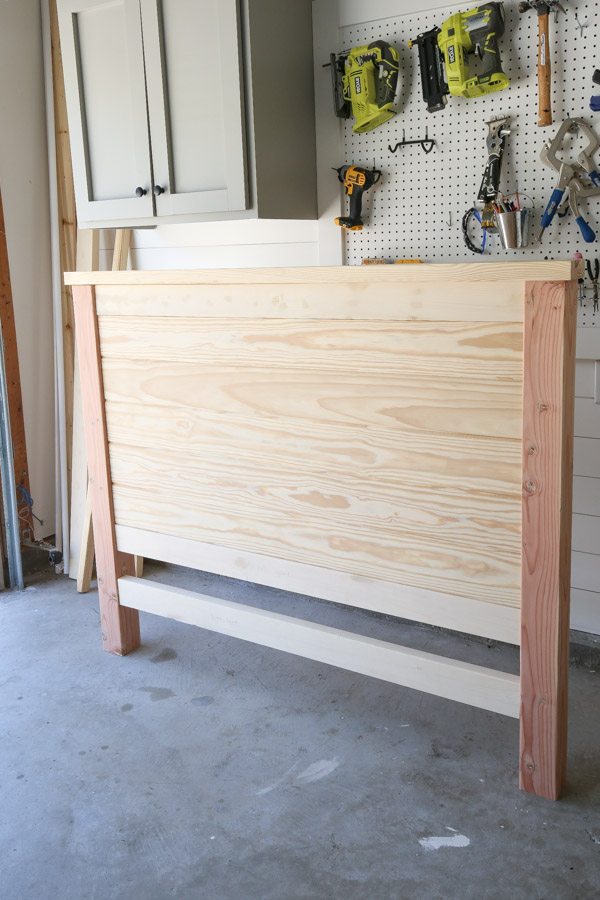shiplap headboard DIY assembled before finishing with paint