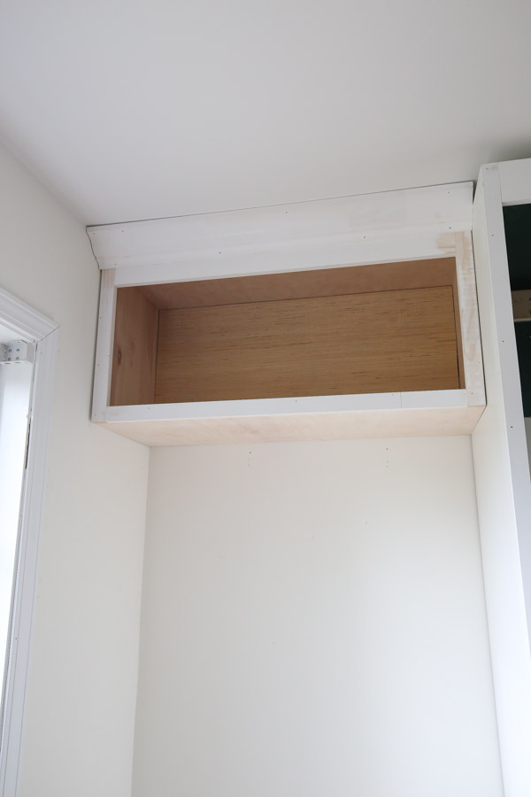 crown molding on the diy built in office cabinet