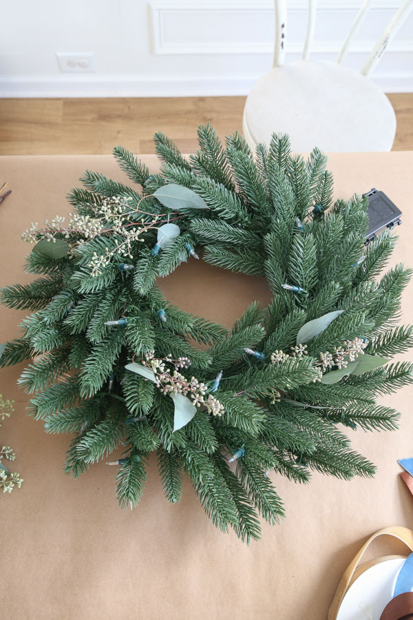 eucalyptus added to DIY Christmas wreath