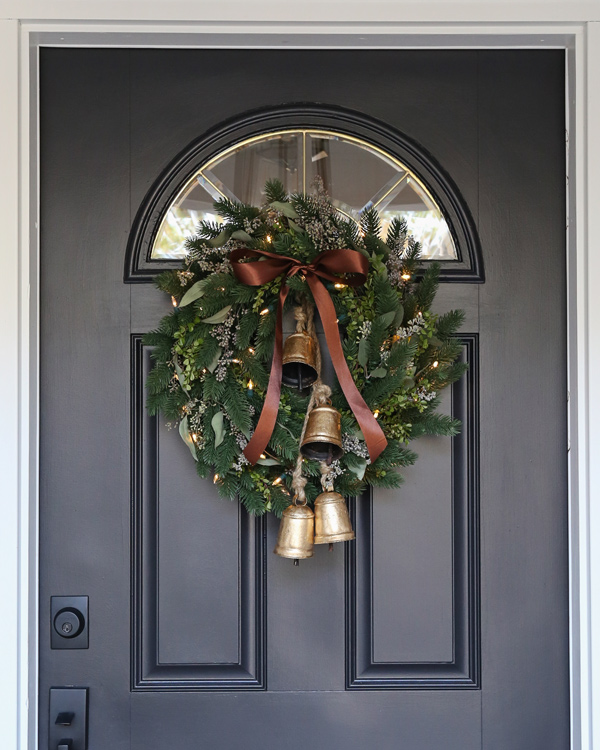 DIY minimalist Christmas wreath with pre-lit lights and christmas jingle bells