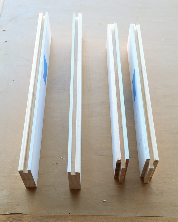 tongue and grooves cut on rail and stile door frame boards for DIY cabinet door