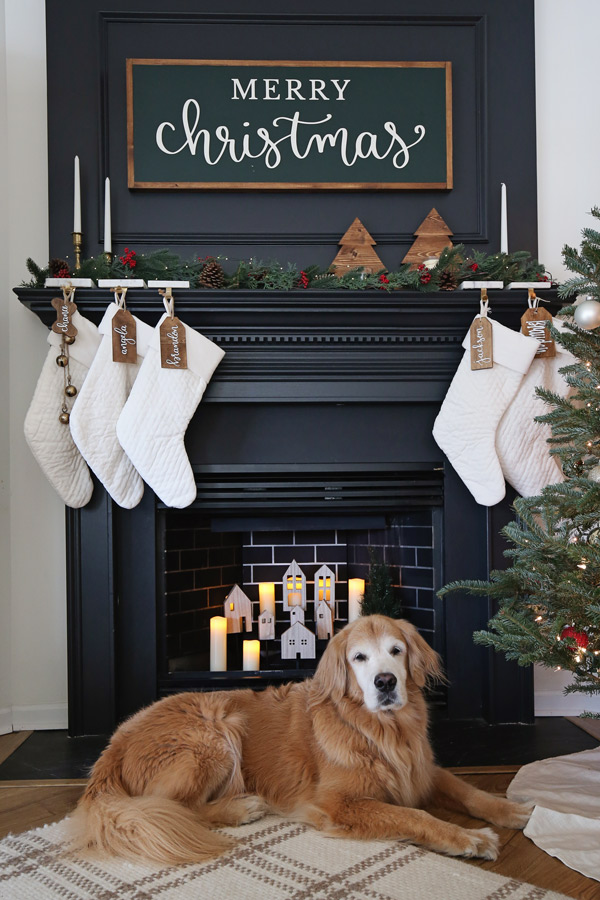 fireplace christmas decoration ideas with dog in front of fireplace