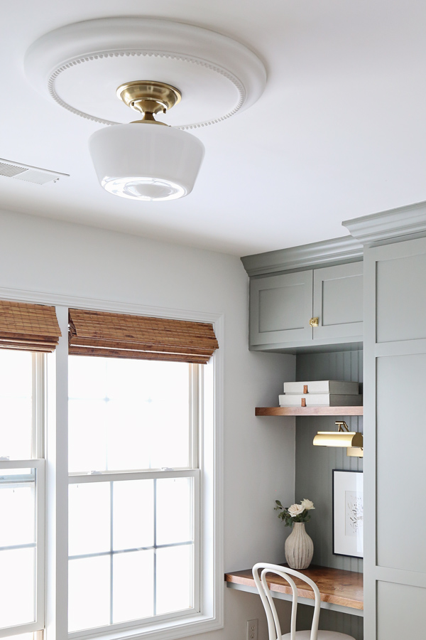 ceiling medallion and light in home office makeover diy