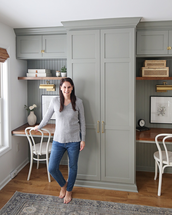 woman DIYer in front of office DIy built ins