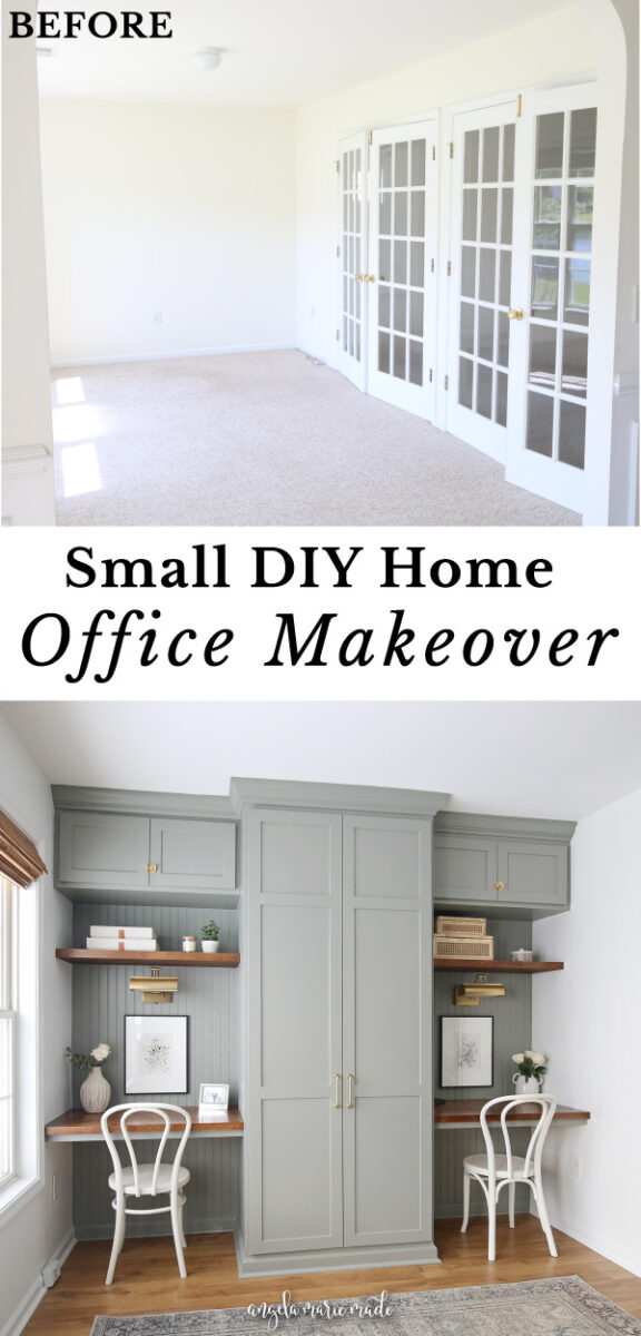 before and after of diy built in office cabinets and diy office built ins in small DIY home office makeover for two