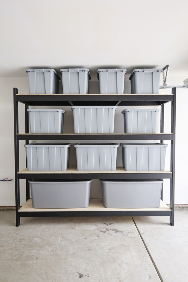 DIy garage shelves with storage totes for garage organization diy