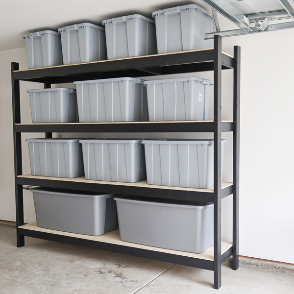DIY wood garage shelves with plastic bins for diy garage organization