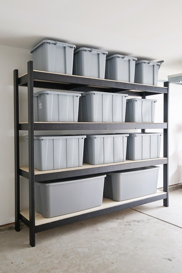 DIY garage shelves with storage bins for garage storage ideas on a budget