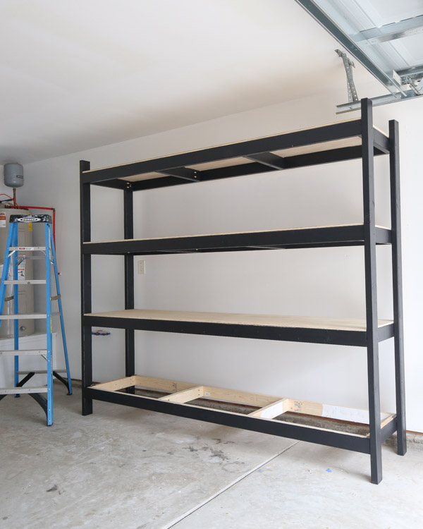 attaching plywood shelves to DIY wood garage shelves frame