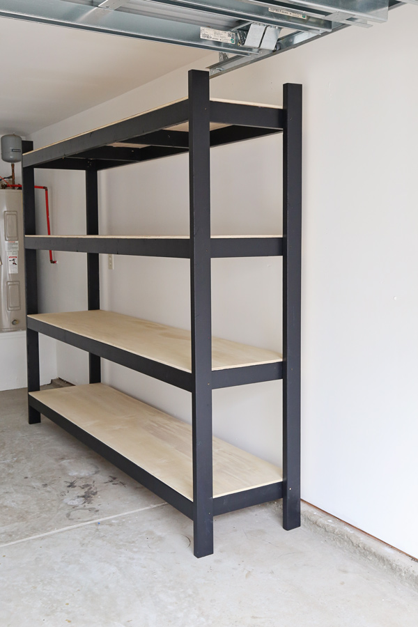 DIY wood garage shelves with black painted frame