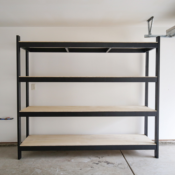 Wood DIY garage shelves with four shelves