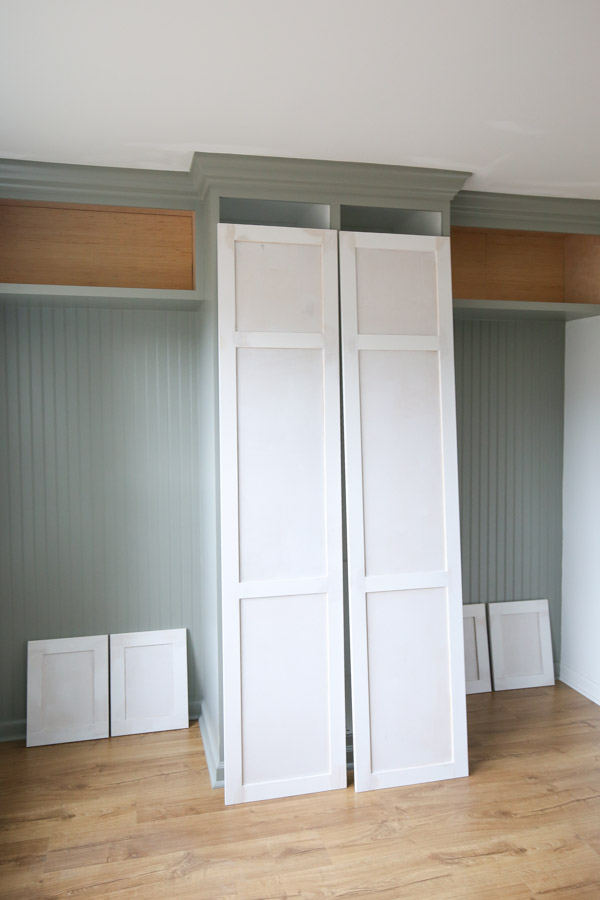 primed DIY cabinet doors for IKEA pax built in hack
