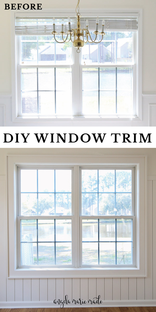 before and after of DIY window trim interiors in dining room with minimalist window trim