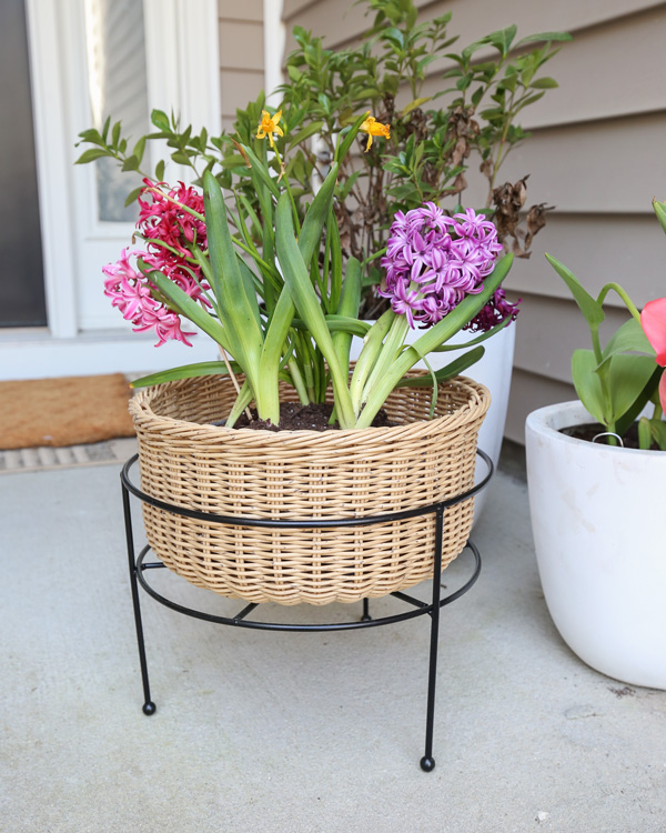 wicker metal planter for spring front porch decor