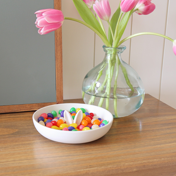 bunny candy bowl with jelly beans on table for Easter decor from target