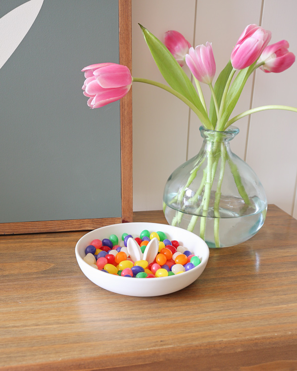 bunny candy bowl with jelly beans for Easter decor from target