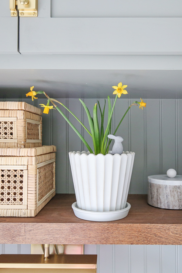bunny stake in planter pot with daffodils on shelf for spring decor from target