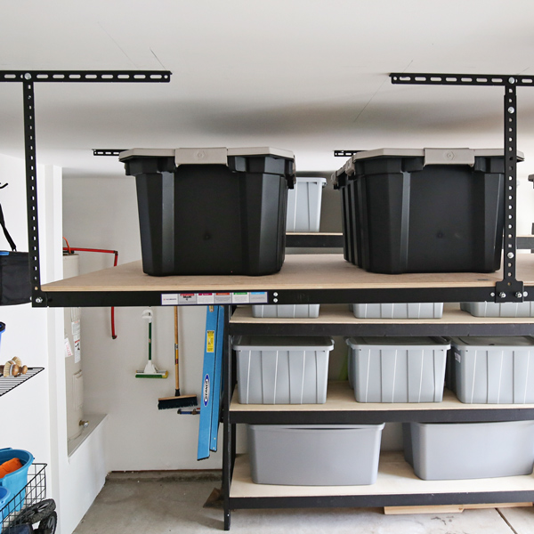 storage totes on garage ceiling shelves diy and DIY wood garage storage shelves for garage storage organization ideas
