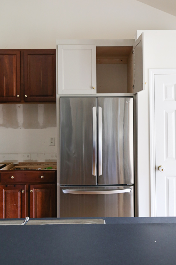 diy refrigerator cabinet surround built in kitchen with door open and extra deep kitchen storage