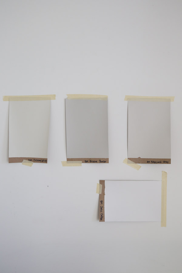 grey kitchen cabinet paint colors samples on wall benjamin moore creamy white, edgecomb gray, and revere pewter