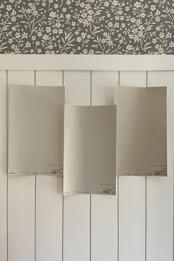 grey kitchen cabinet paint colors samples on wall - edgecomb gray, revere pewter and pashmina by benjamin moore