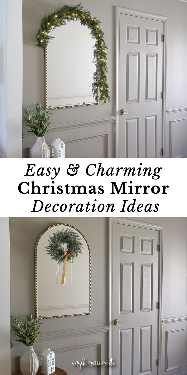 Christmas decoration ideas for mirrors​ using garland and twinkle lights on entryway mirror and Christmas wreath on mirror