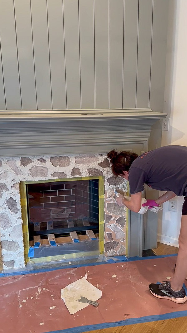 faux stone fireplace diy using grout bag