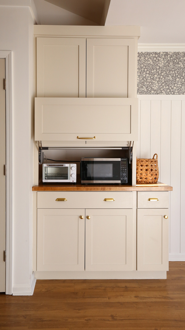 diy appliance garage in kitchen with hidden toaster and microwave
