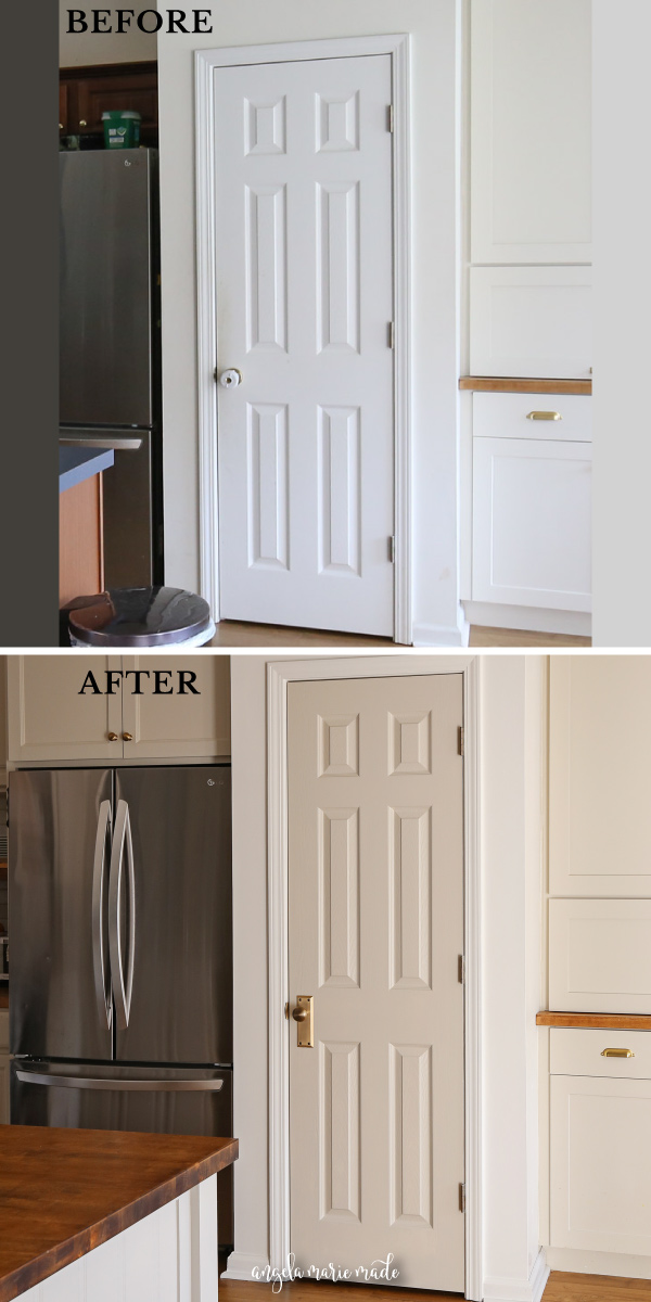 vintage antique brass door knob on gray painted pantry door in kitchen for pantry door makeover refresh