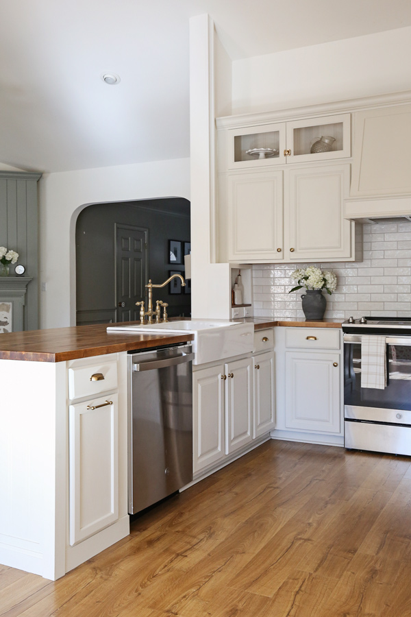 diy kitchen makeover with butcher block countertops and farmhouse sink
