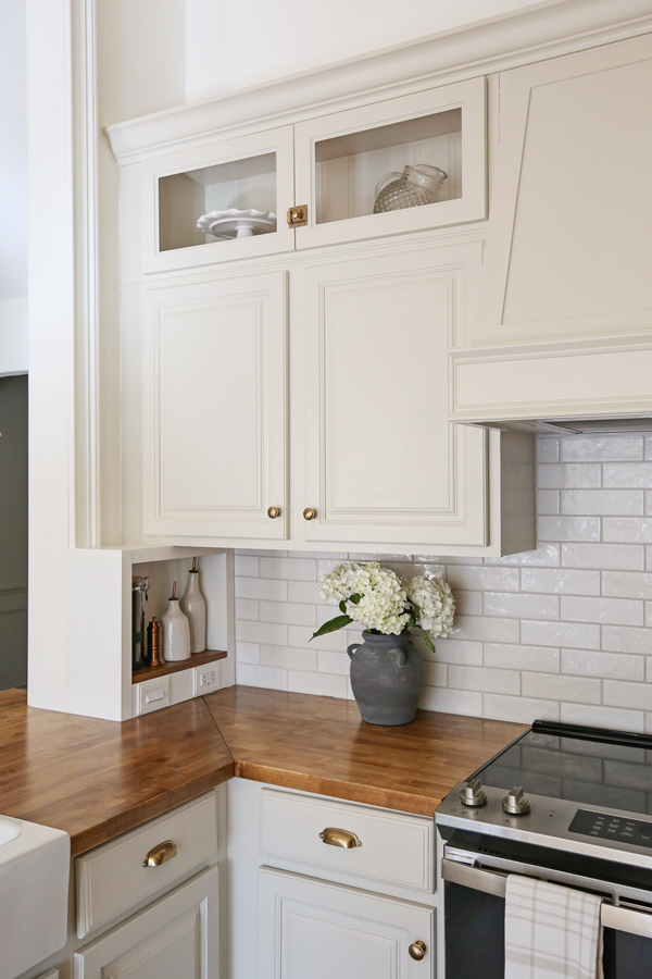 diy kitchen makeover with built in storage alcove box and glass cabinets