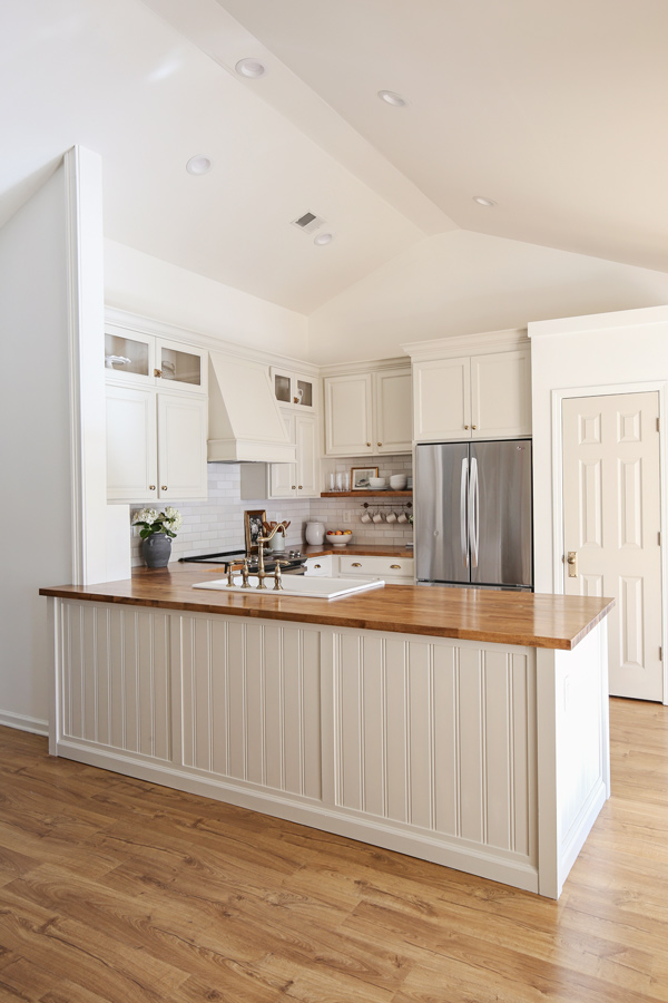 diy kitchen makeover with butcher block countertops and DIY kitchen island with beadboard