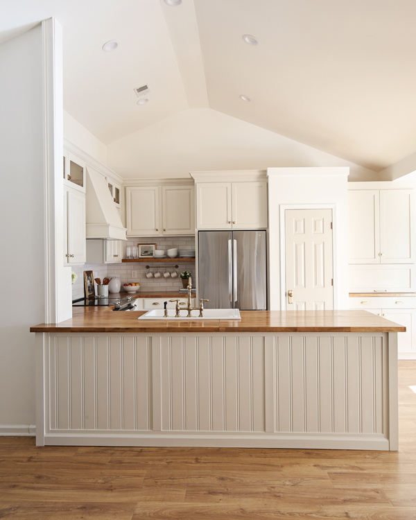 diy kitchen makeover with butcher block countertops and DIY kitchen island with beadboard, and edgecomb gray benjamin moore cabinets
